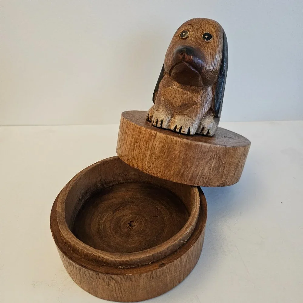Carved Wood Puppy Dog Trinket Box Cute Dog Lover Gift